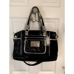 Coach Poppy Black & Silver Metallic Leather Satchel Tote Bag